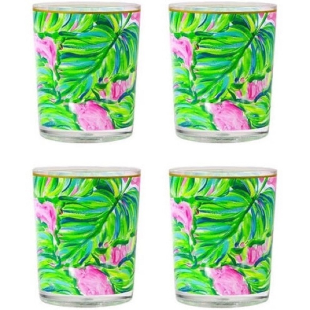 Lilly Pulitzer Acrylic Lo-Ball Glasses Set 4 Painted Palms Leaves Green Pink NEW